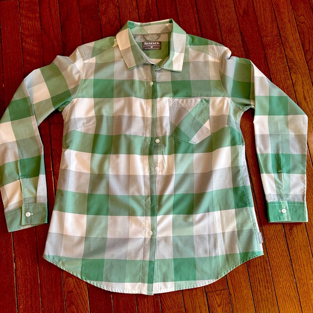 Simms Women's Long Sleeve Plaid Button Up Shirt Size Medium Green White Gray